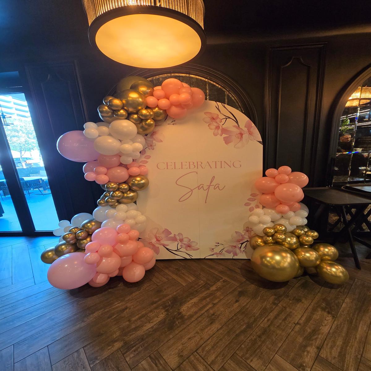Customizable Printed Backdrop with Balloon Pink Light Gold Garland – Customizable Design, Perfect f