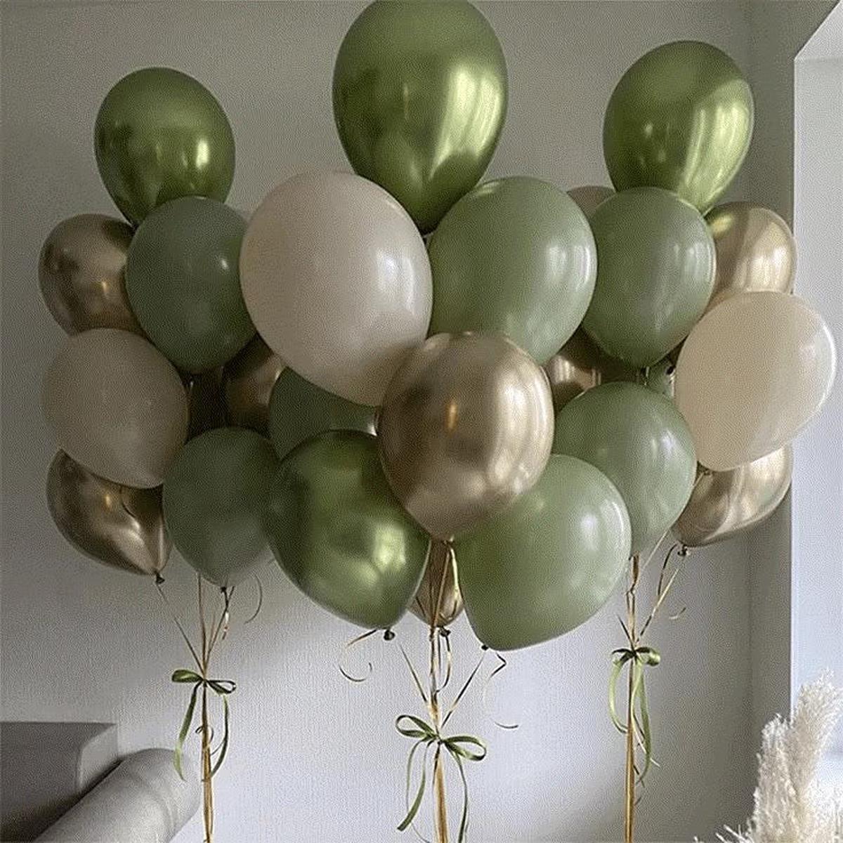 Latex Helium Balloon Light Gold, Green and Sand White Bunch with Ribbons – Perfect for any special