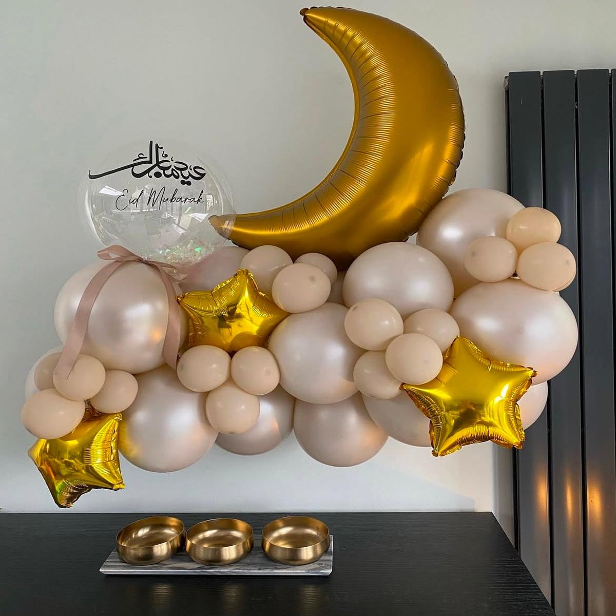Personalised Ramadan Mini Balloon Beige, Chrome Light Pink with Gold Moon and Stars Chain with Clea