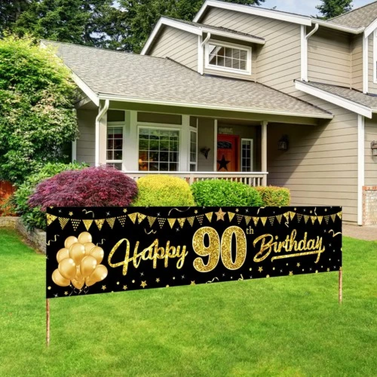 Yoaokiy Happy 90th Birthday Banner Decorations for Women Men, black gold