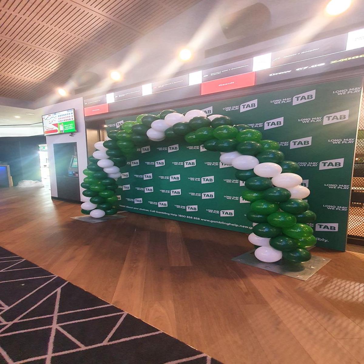 Balloon Arch Different Shades of Green and White Spiral Arrangement – Corporate Event, Grand Openin