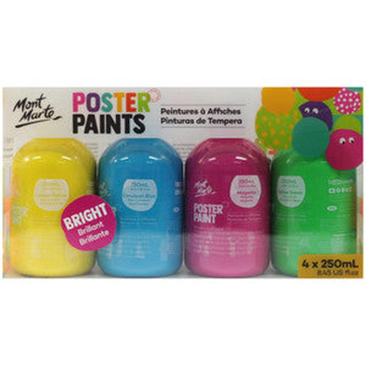KIDS POSTER PAINT 500ML BRIGHT 4PCE