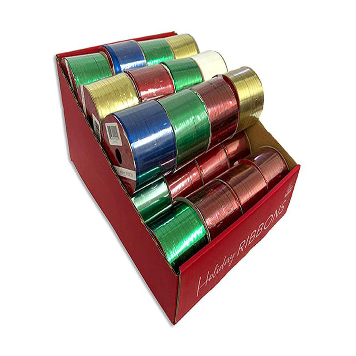 100ft (305m) Xmas Curling Ribbon in Display 316in(W) 4 AsstColours 28Dsp
