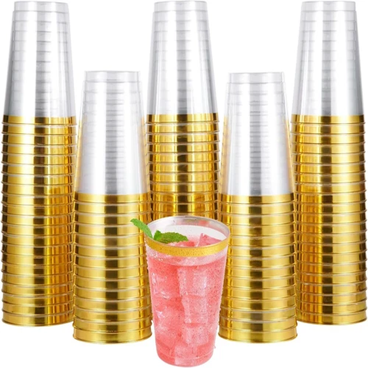 100 Pack Elegant Gold Plastic Disposable Cups, 12 oz Clear Plastic Cups Tumblers