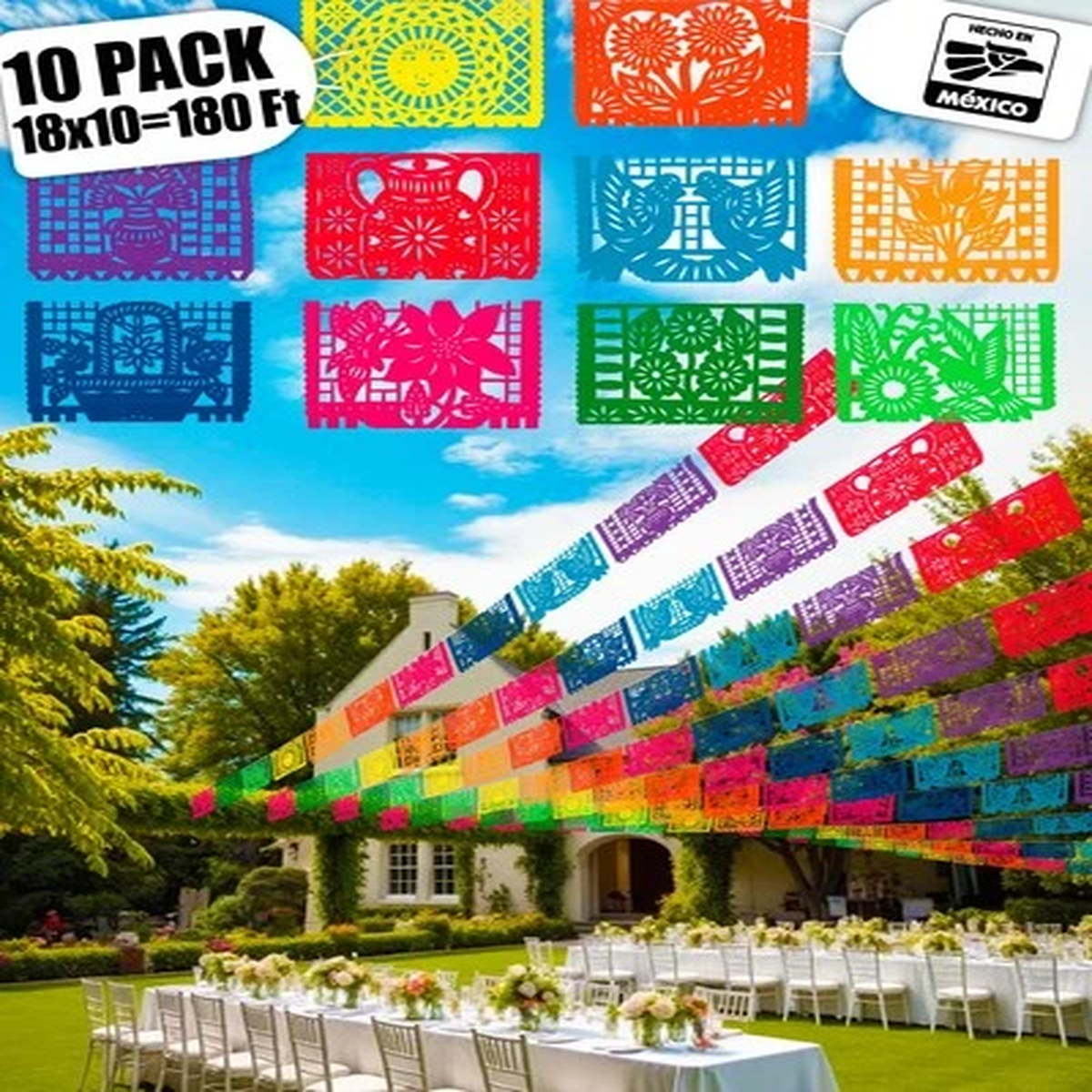 10 Packs Mexican Banners 180 Ft (18 Ft x 10) Papel Picado Mexicano para Fiest…