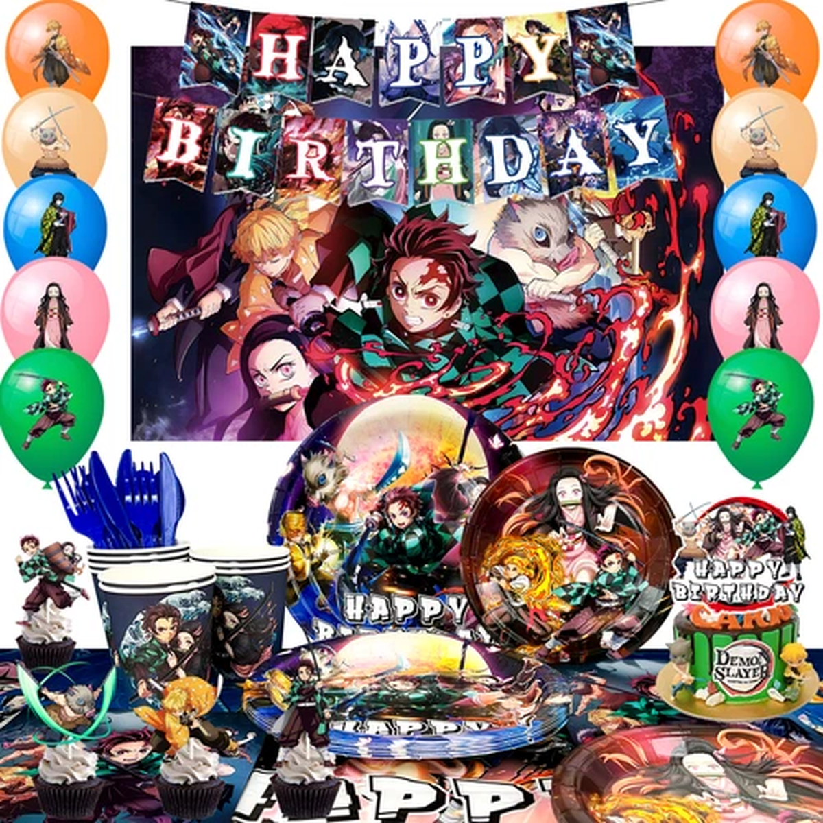 112 Pcs Demon Slayer Party Decorations and Tableware Set Banner Plates Backdrop