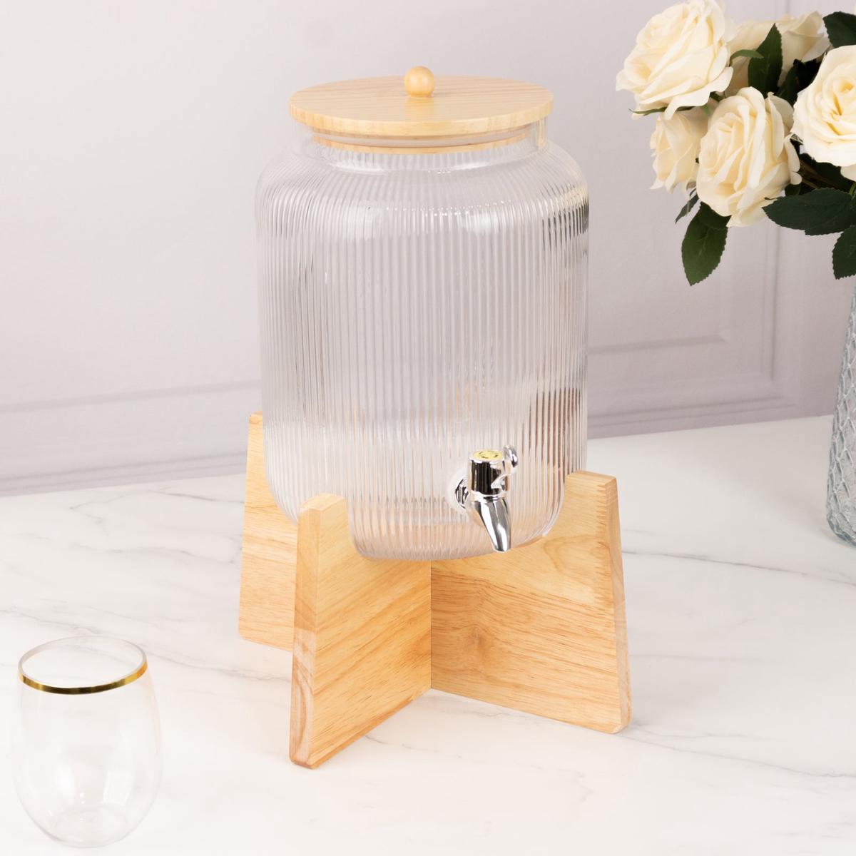 1 Gallon Clear Ribbed Glass Beverage Dispenser with Spigot 14″, Wooden Stand and Lid Round Juice Jar – Lead-Free Countertop Feature