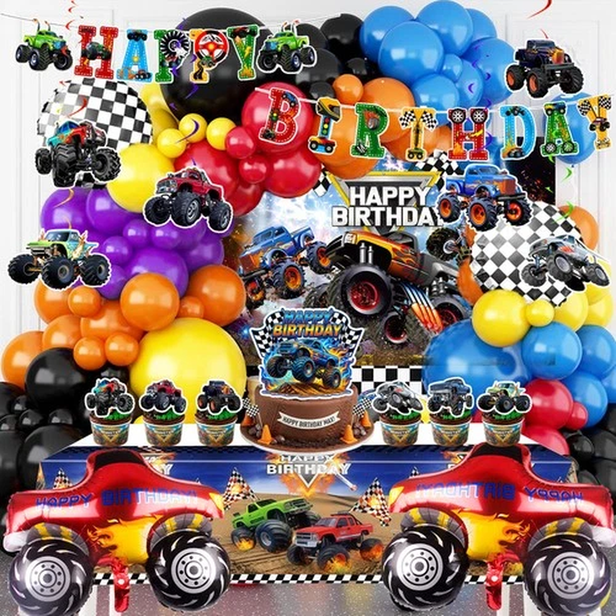 111 Pcs Monster Truck Party Decorations Birthday Party Set Aluminum Film Balloon