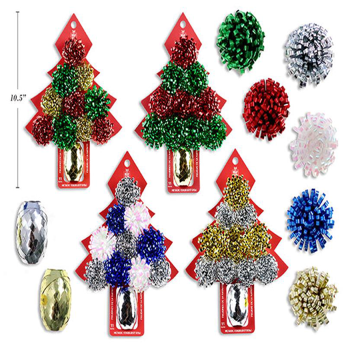 10pk Xmas Metallic Starburst Bow wRibbon Incl 10x Bows 1x Ribbon 4 Asst Toc