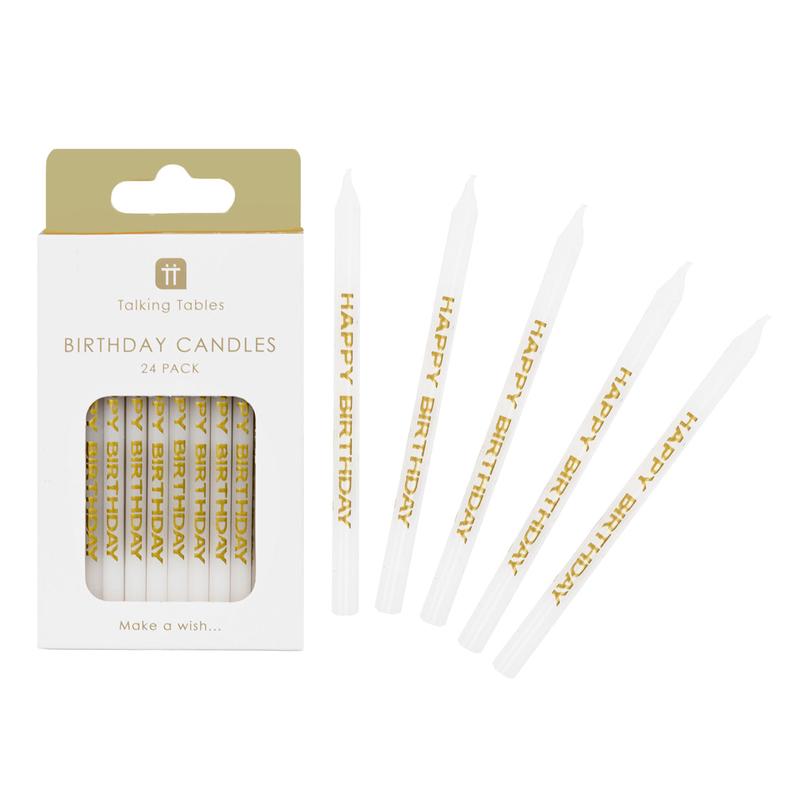 White & Gold ‘Happy Birthday’ Printed Candles – 24 Pack