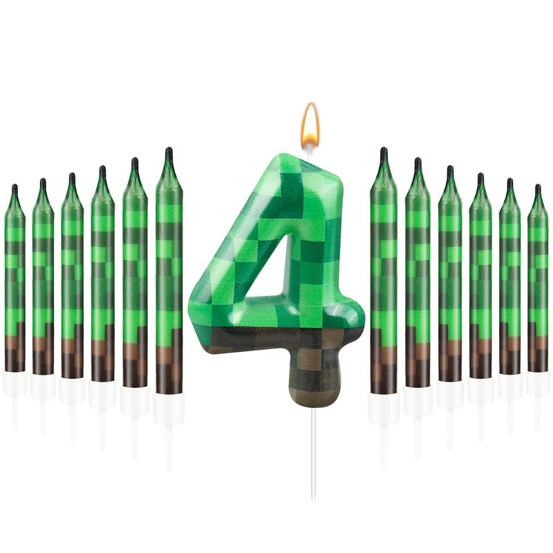 13 Pcs Dynamite Candles 12 TNT Themed Birthday Cake Candles and Number 4 Candle Cake Topper for Pixel Theme Birthday Party Anniv