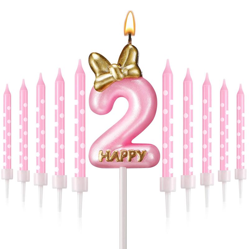 11 Pieces 2 Birthday Candle Girl Pink Number Birthday Cake Topper 2 Years Old Birthday Candle with White Dot Birthday Long Candl
