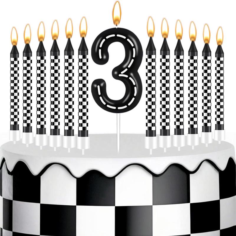 13 Pcs Racing Cars Themed Birthday Candles – 1 to 9 Number Candle & Black and White Checkered Candles, Truck Candle Cake Topper