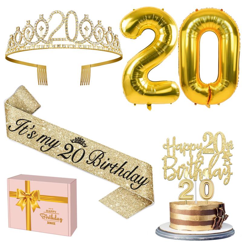 20th Birthday Decorations for Women Gold Set with 20th Birthday Tiara and Sash, 20th Birthday Cake Topper and Number 20 Candles,