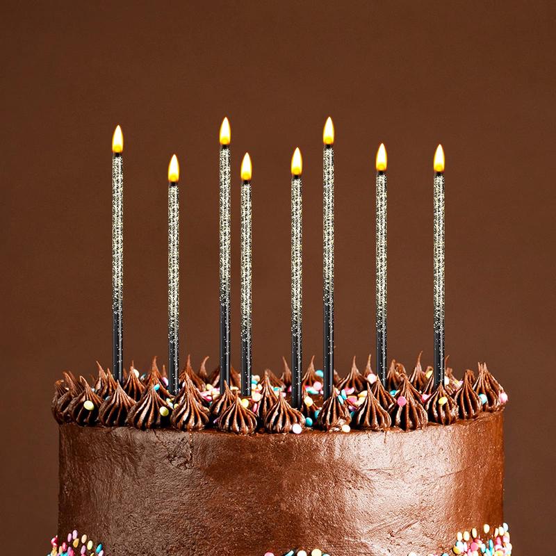 30 Pieces Birthday Candles Long Thin Cake Metallic Gold Black Candles Party Decoration Set for Cake Cupcake Graduation Retiremen