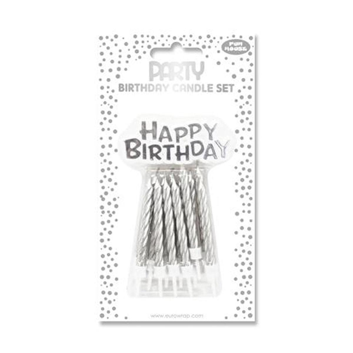 Silver Happy Birthday Spiral Cake Candles | Pack of 6, with Holders