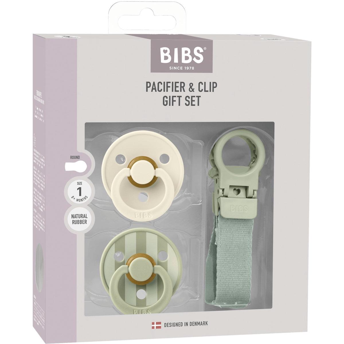 Bibs Sage Colour Pacifier & Loop Clip Gift Set Latex