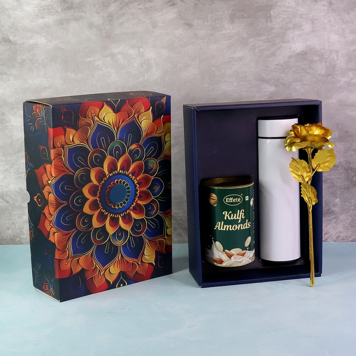 Kulfi Almonds Gift Hamper Elegant Golden Rose & Stainless Steel Bottle