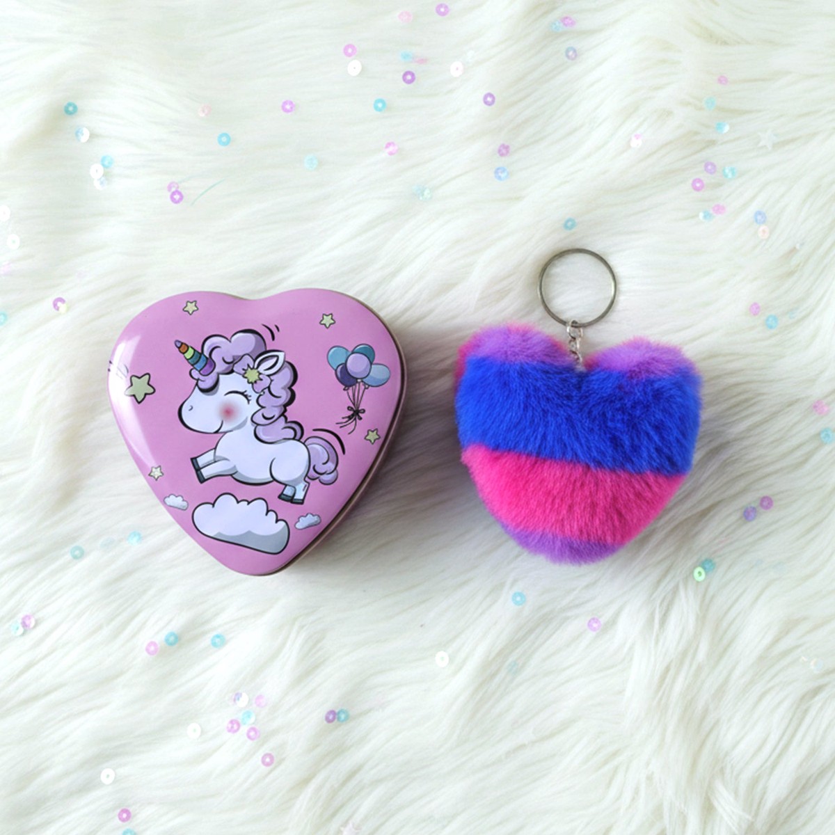 Heart Shape Gift Box & Plush Keychain Cute 2-Piece Gift Set
