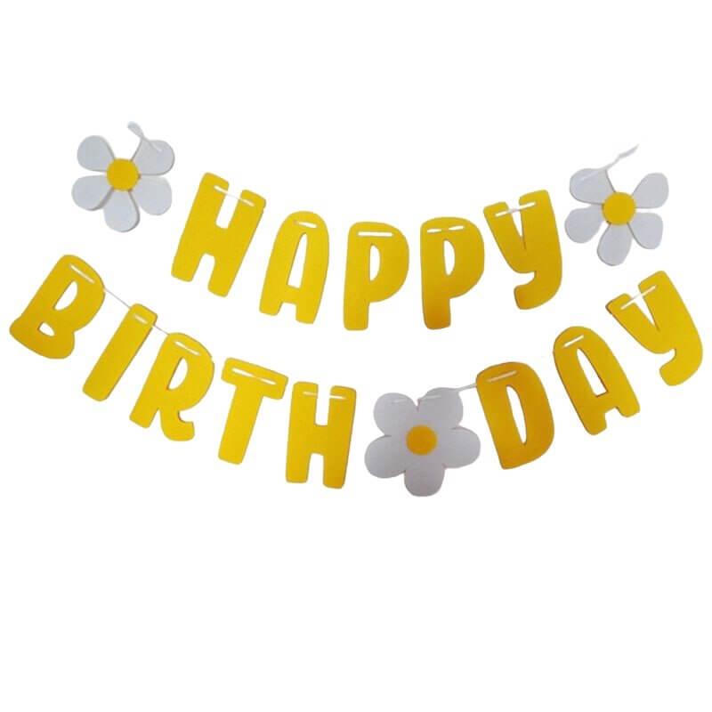 Yellow Happy Birthday with White Daisy Flower Felt Banner