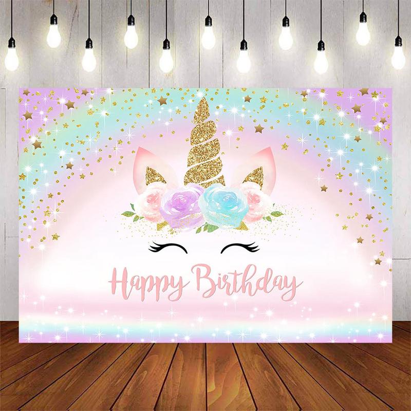 [Clearance] Mocsicka Unicorn and Rainbow Happy Birthday Backdrop