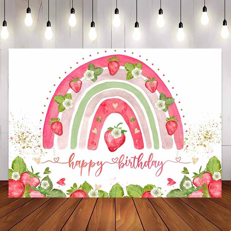 [Only Ship To U.S] Mocsicka Sweet Strawberry Rainbow Happy Birthday Backdrop