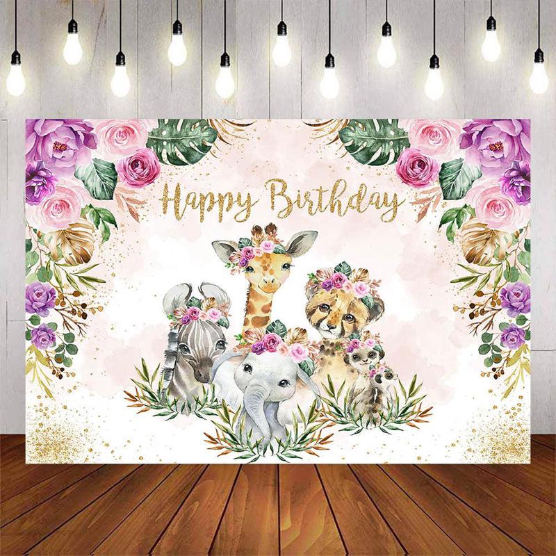 [Clearance] Mocsicka Pink and Purple Flowers Wild Animals Happy Birthday Backdrop
