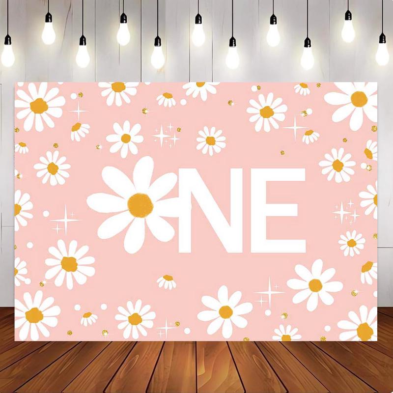 [Only Ship To U.S] Mocsicka Pink Retro Daisy Happy First Birthday Party Backdrop