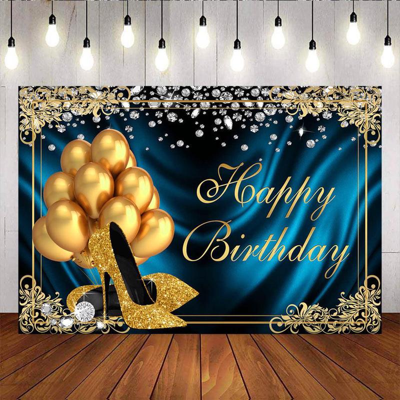 [Clearance] Mocsicka Golden Champagne High Heels and Diamonds Happy Birthday Backdrop