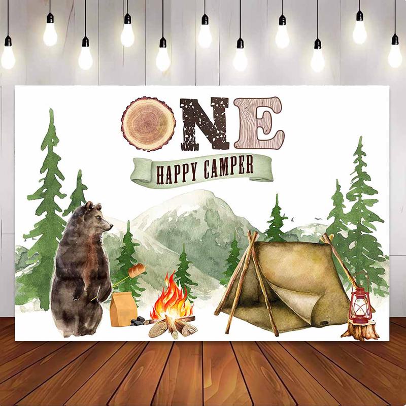 [Only Ship To U.S] Mocsicka One Theme Happy Camper Forest and Bear 1st Birthday Party Backdrop