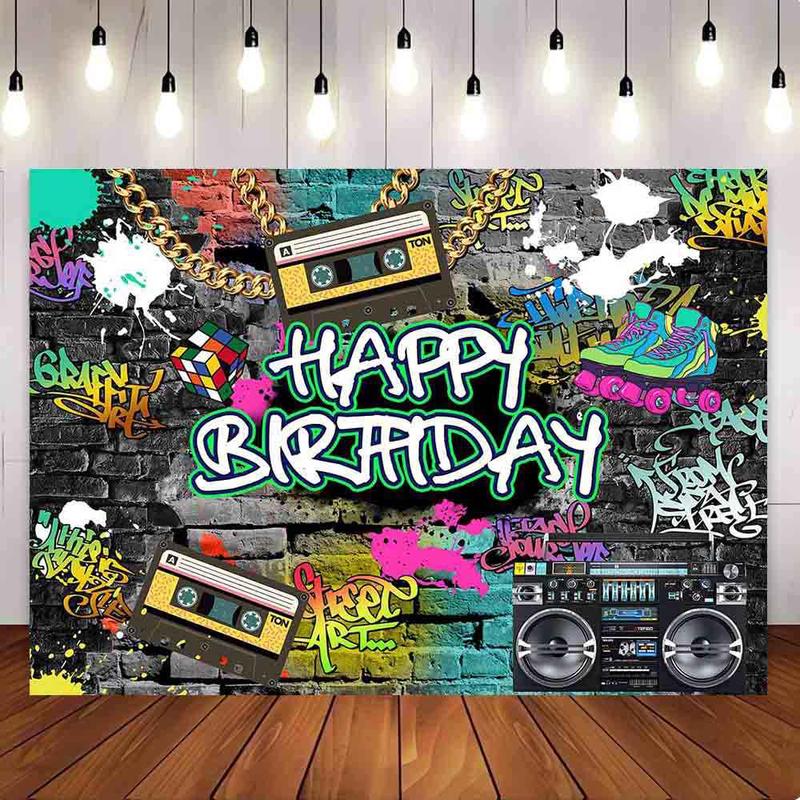 [Only Ship To U.S] Mocsicka Graffiti Wall and Retro Radio Gold Chain Happy Birthday Backdrop