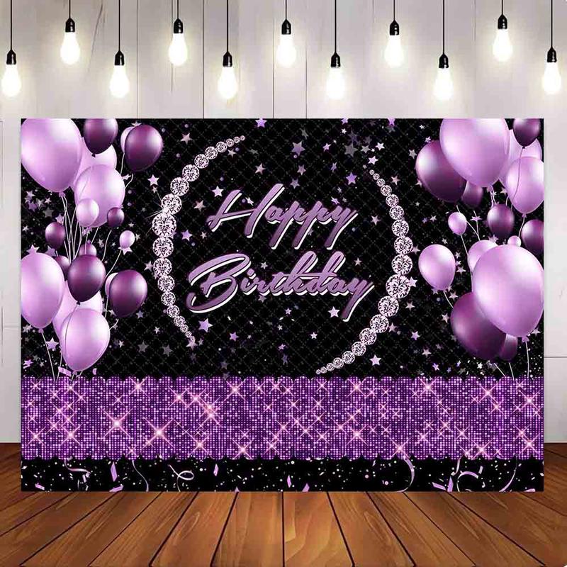 [Only Ship To U.S] Mocsicka Purple Balloons and Ribbon Happy Birthday Backdrop