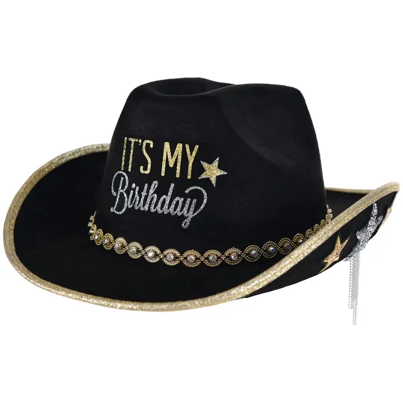 “It’s My Birthday” Cowboy Hat – Black Silver Gold