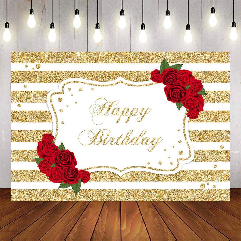 [Clearance] Mocsicka Golden White Stripes and Roses Happy Birthday Backdrop