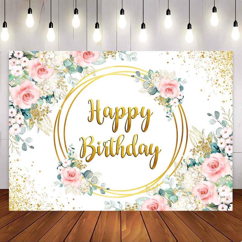 [Only Ship To U.S] Mocsicka Rose Pink Flowers Eucalyptus Leaves Happy Birthday Party Backdrop