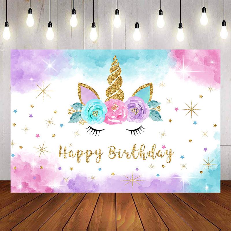 [Clearance] Mocsicka Unicorn Theme and Flowers Happy Birthday Backdrop