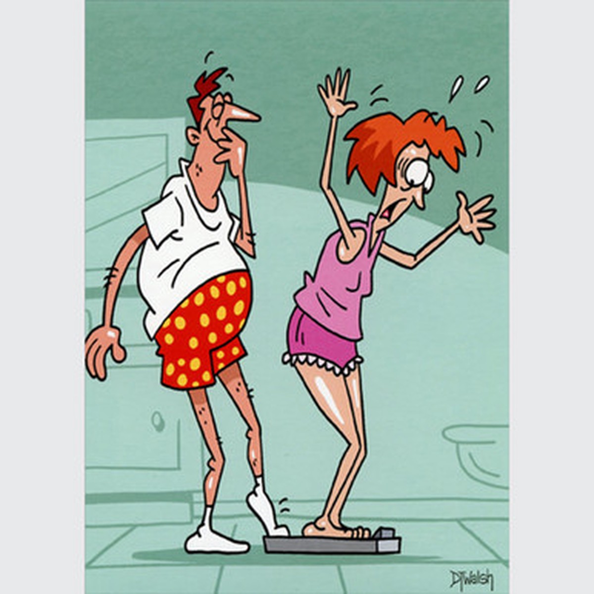 Man Stepping On Woman's Scale Feminine Funny / Humorous Birthday Card for Her, Woman