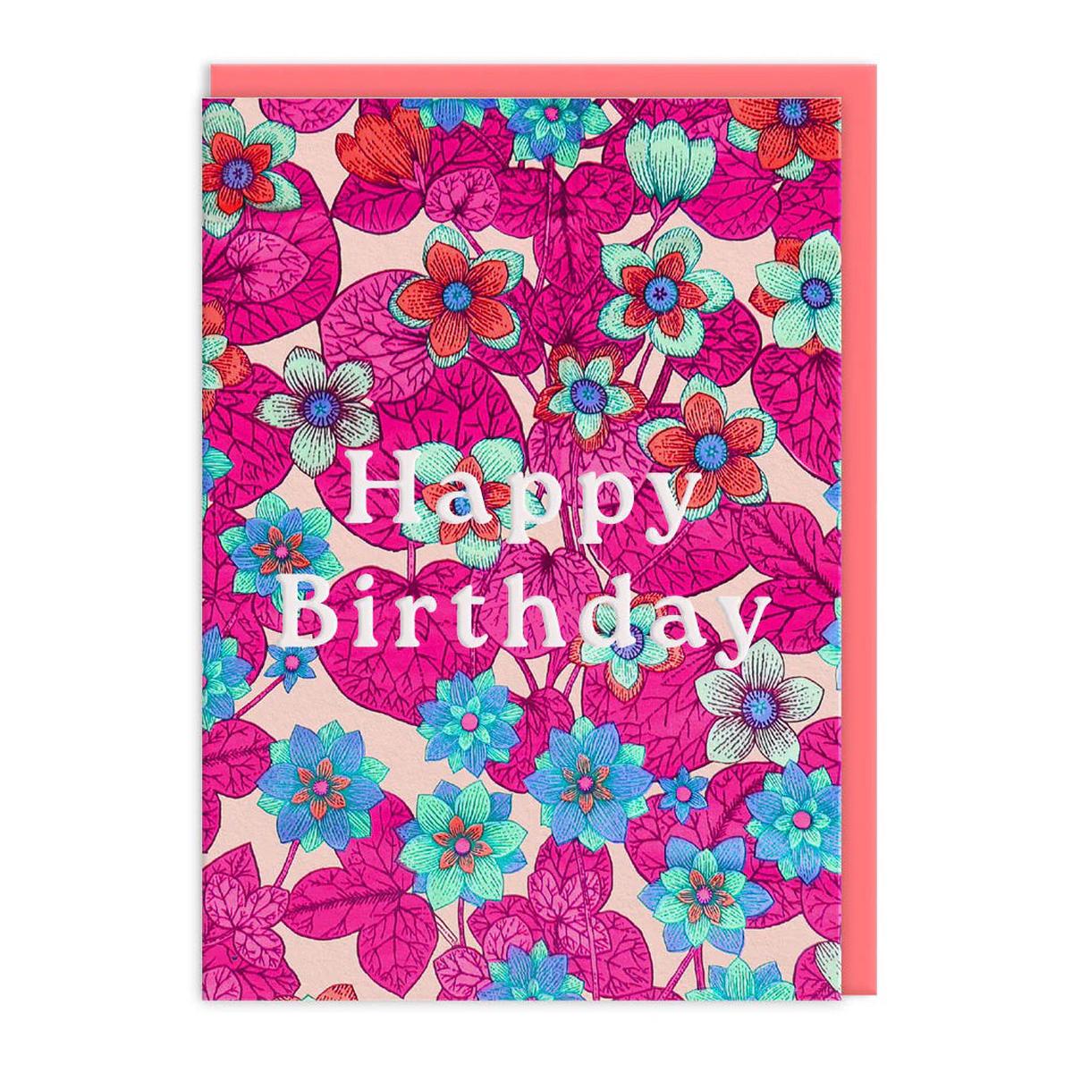 Neon Floral Pink And Blue Birthday Card