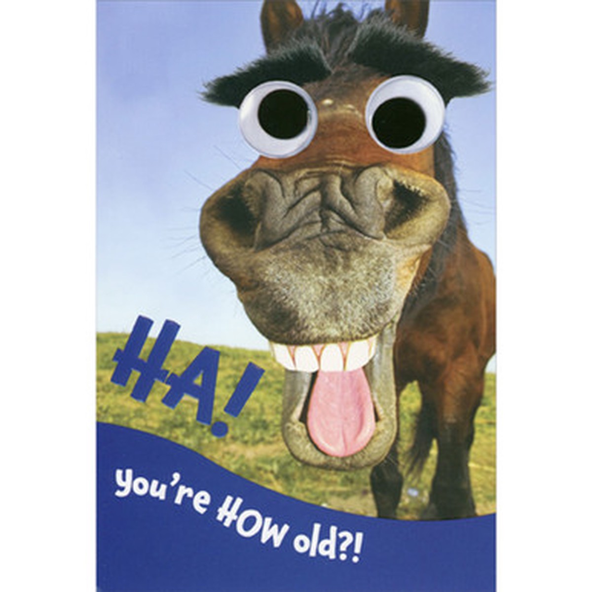 You’re How Old: Laughing Horse with Big Exaggerated Eyes Funny / Humorous Birthday Card