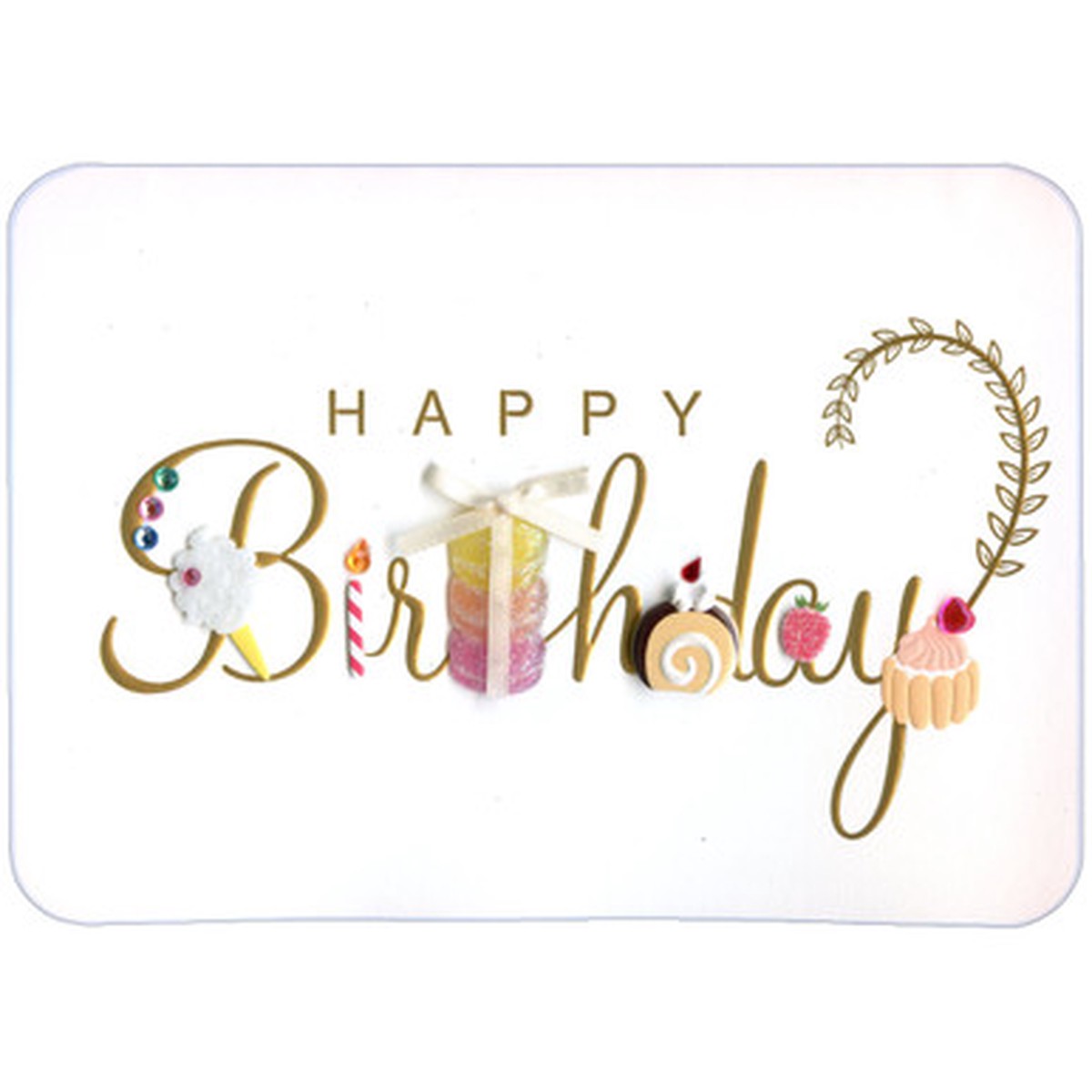 3D Sweets, Gems and Ribbon Over Gold Foil Lettering on Rounded Corners Hand Decorated Birthday Card