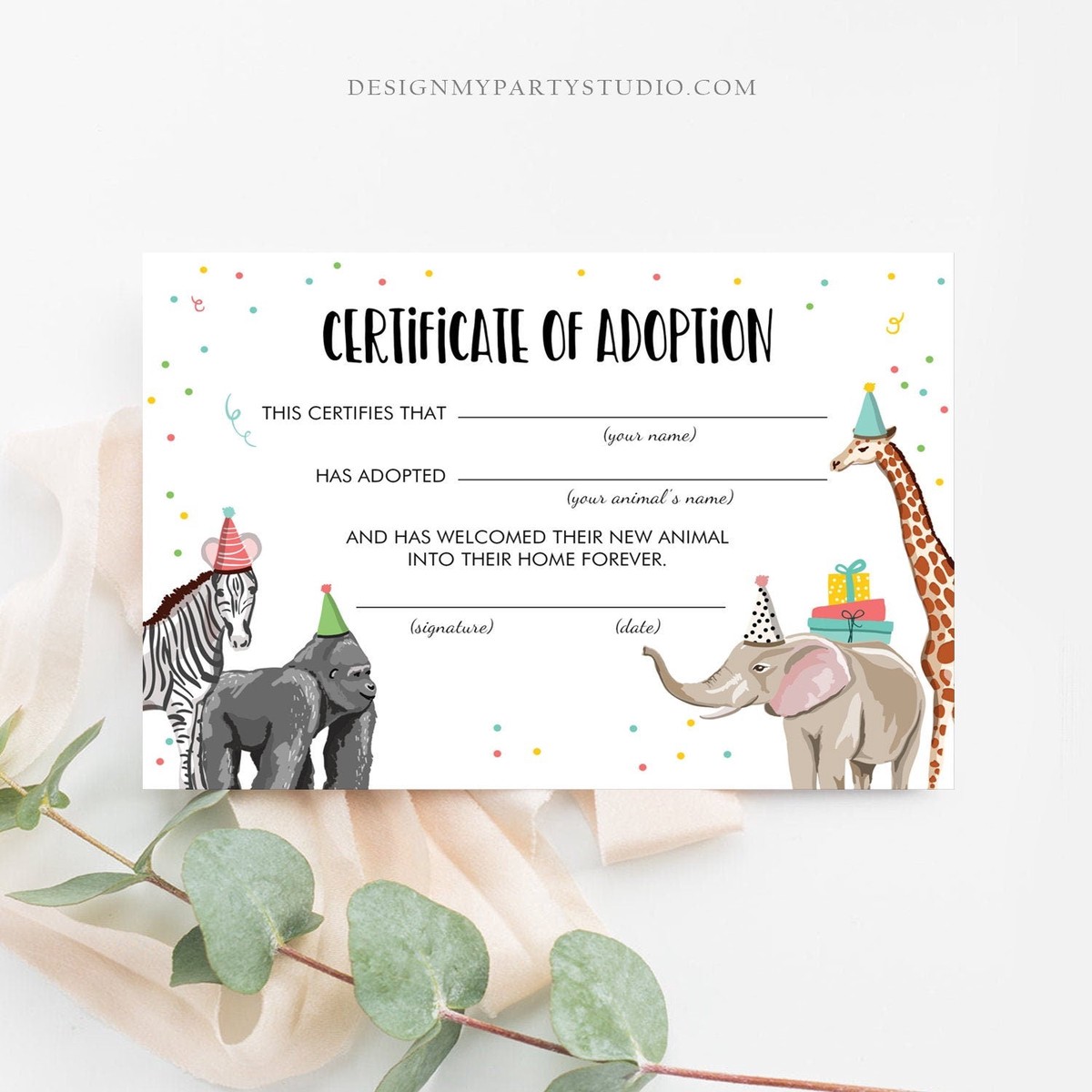 Adopt an Animal Adoption Certificate Safari Adoption Wild One Birthday Party Animals Birthday Instant Download Digital PRINTABLE 0142
