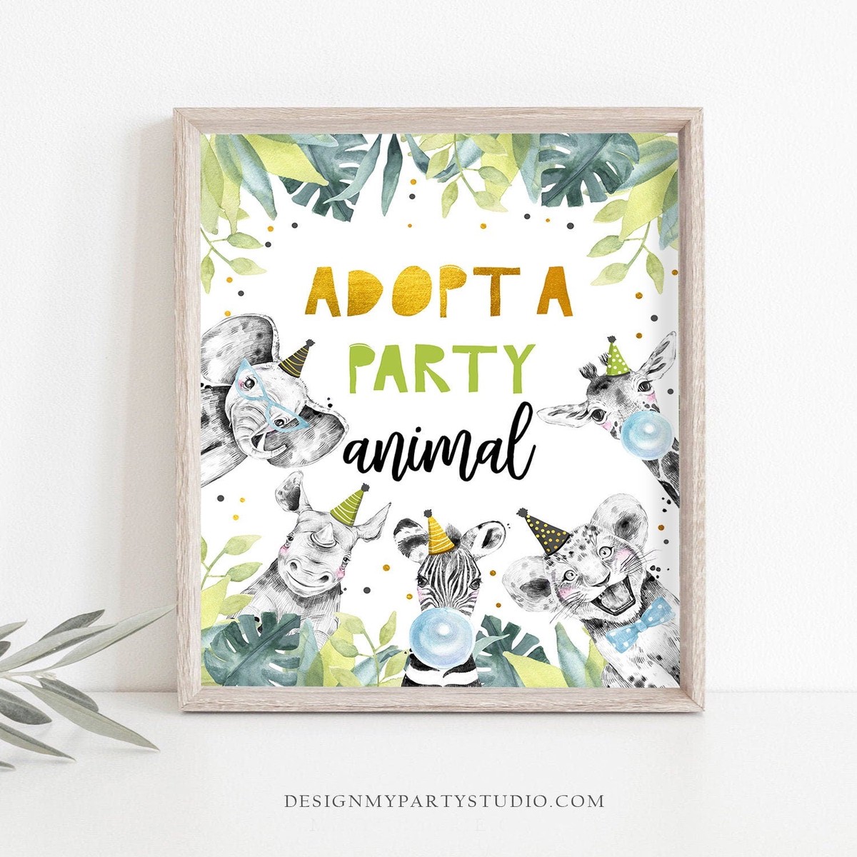 Adopt an Animal Birthday Sign Table Decor Party Animals Birthday Wild One Safari Animals Boy Gold Black Table Sign Zoo Jungle Printable 0322
