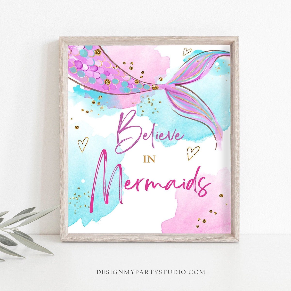 Believe in Mermaids Sign Mermaid Birthday Sign Table Decor Mermaid Party Under The Sea Sign Pink Purple Instant Download Printable 0403