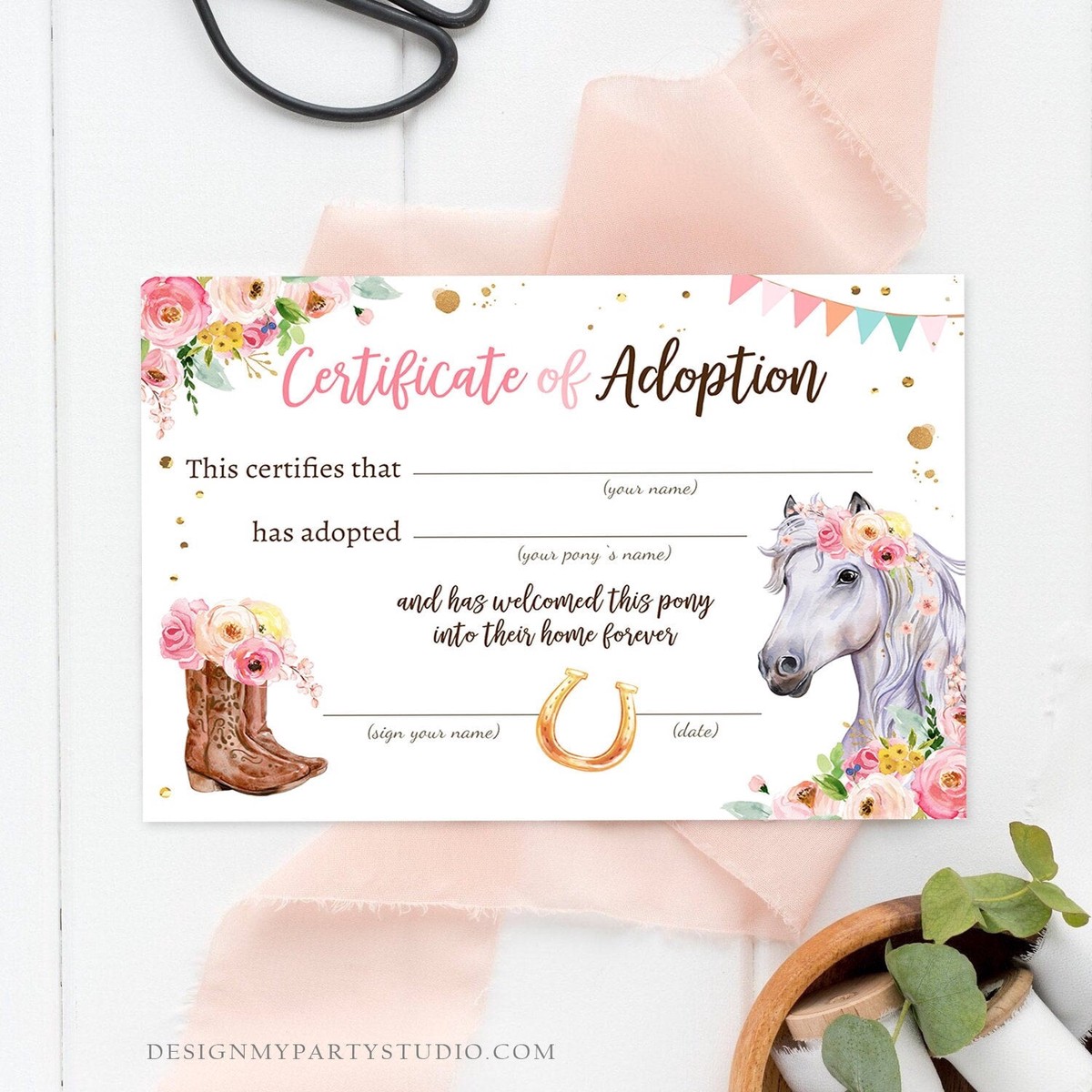 Adopt a Pony Adoption Certificate Horse Adoption Horse Birthday Party Pony Birthday Girl Horseback Riding Digital Download Printable 0408