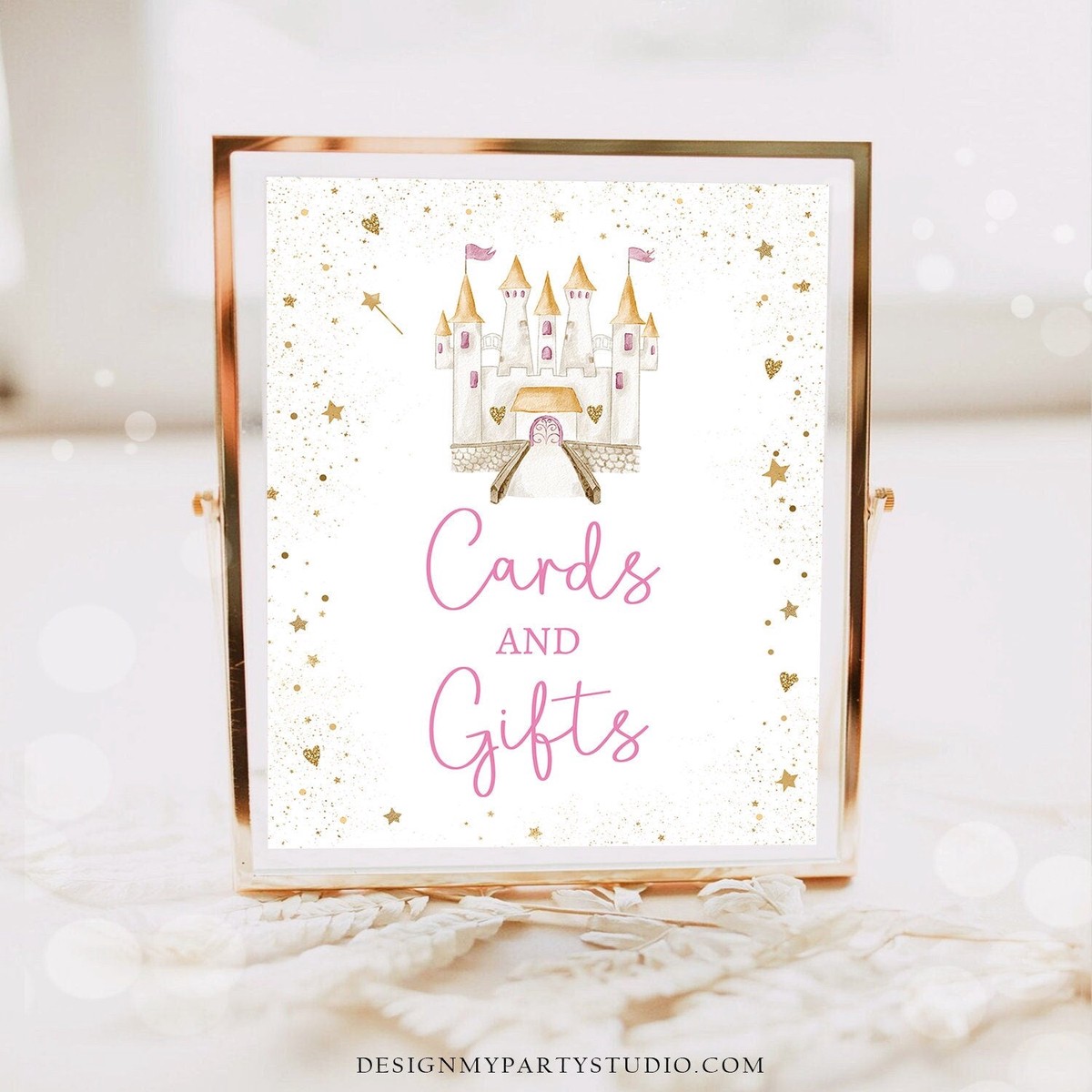 Cards and Gifts Sign Princess Castle Birthday Sign Table Decor Princess Party Pink Gold Girl Castle Upon a Time Download Printable 0477