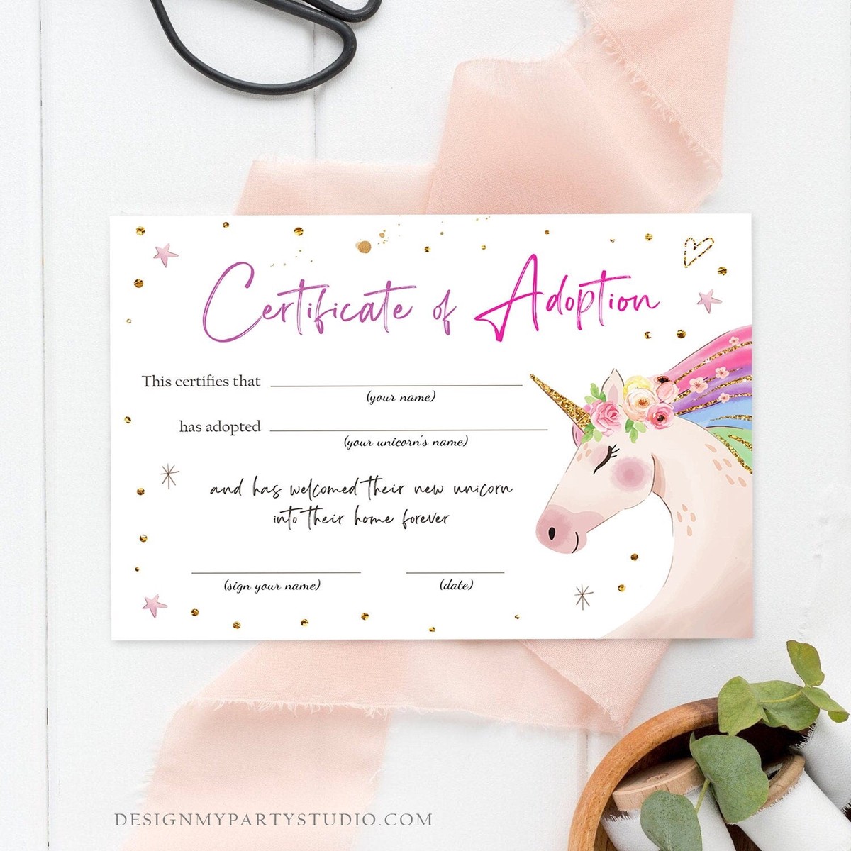 Adopt a Unicorn Certificate Unicorn Adoption Unicorn Birthday Party Magical Birthday Rainbow Girl Instant Download Digital Printable 0411
