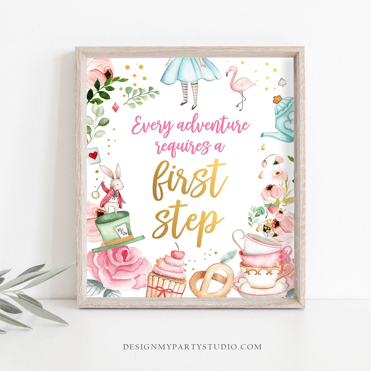 Alice in Wonderland Party Sign First Step Sign Decor Onederland Birthday Sign Mad Tea Party Favor Alice Theme Decor Girl Pink PRINTABLE 0350
