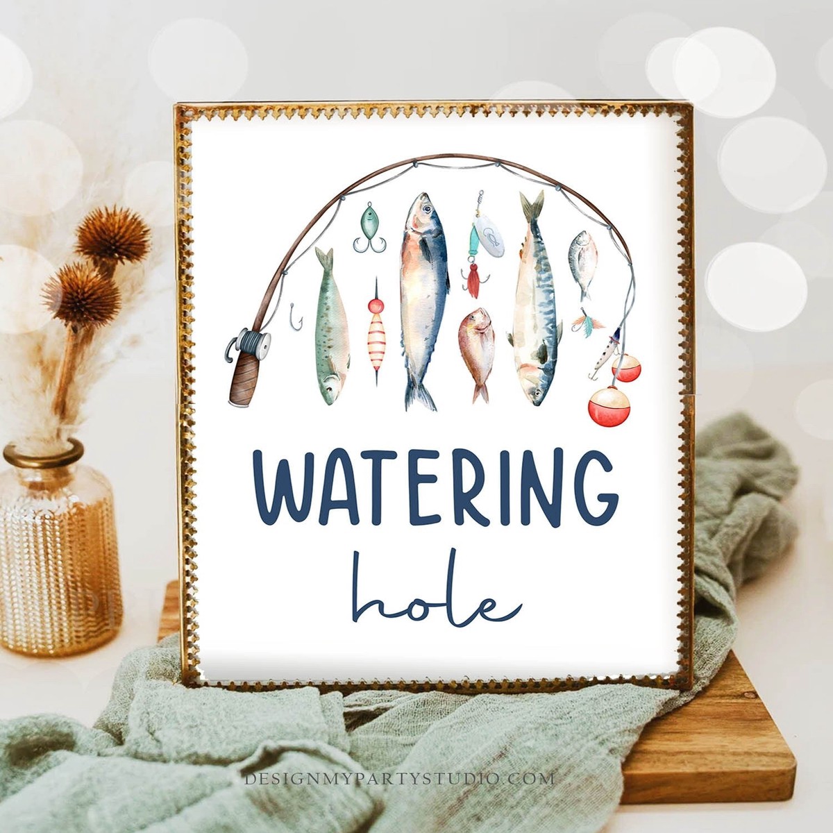 Watering Hole Sign Fishing Birthday Sign O-fish-ally Reeling in The Big One Birthday Boy Fishing Party Decor Drinks Download Printable 0454