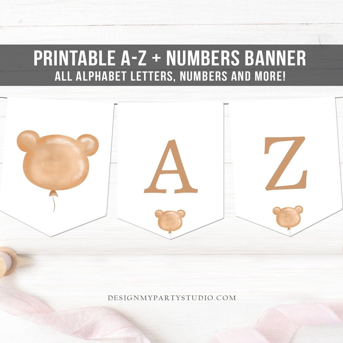 Alphabet Banner Teddy Bear Banner Girl Beary A-Z Birthday Banner Decor Cute Bear Picnic Instant Digital Download Template Printable 0439