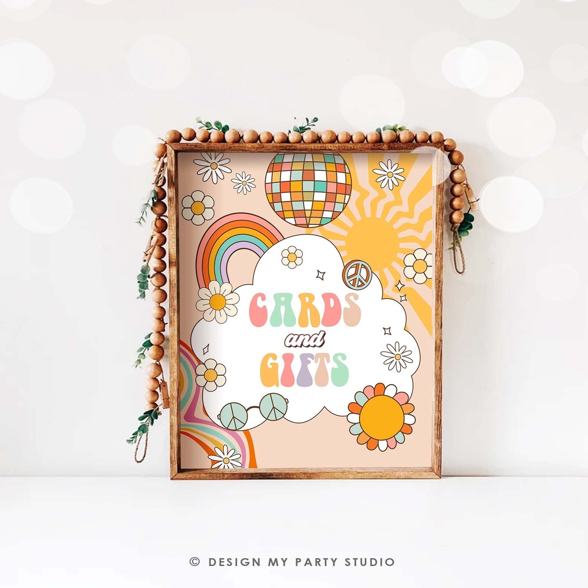 Cards and Gifts Sign Retro Groovy Birthday Party Floral 70’s Birthday Party Decor Boho Flower Power Girl Gift Table Download Printable 0459